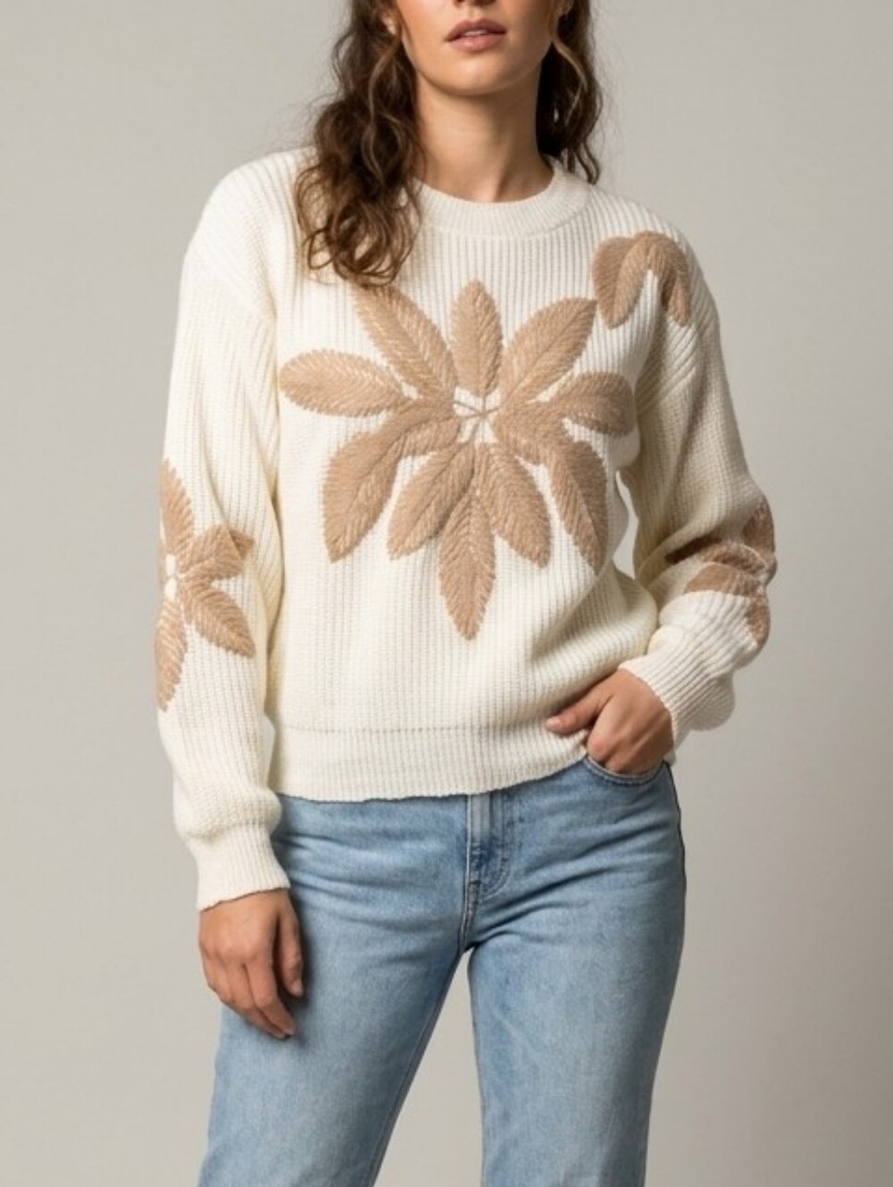 NWT Cream Floral Embroidered Knit Sweater Chunky Pullover Top - Size XL